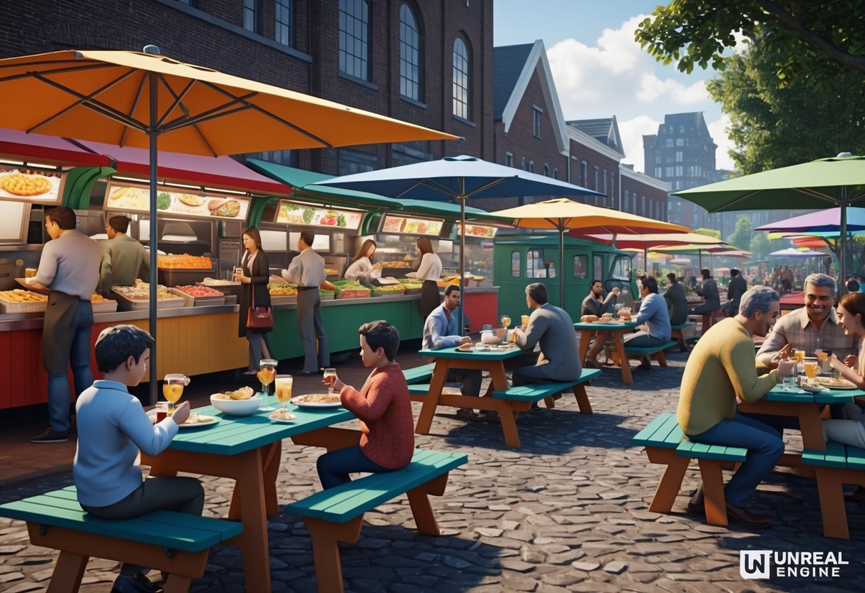 A bustling outdoor food market with colorful food stalls and families enjoying meals at picnic tables