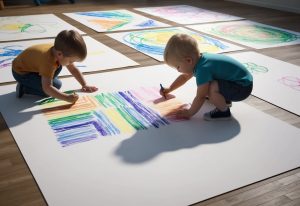 Toddlers playing with colorful crayons, creating art on large sheets of paper spread out on the floor