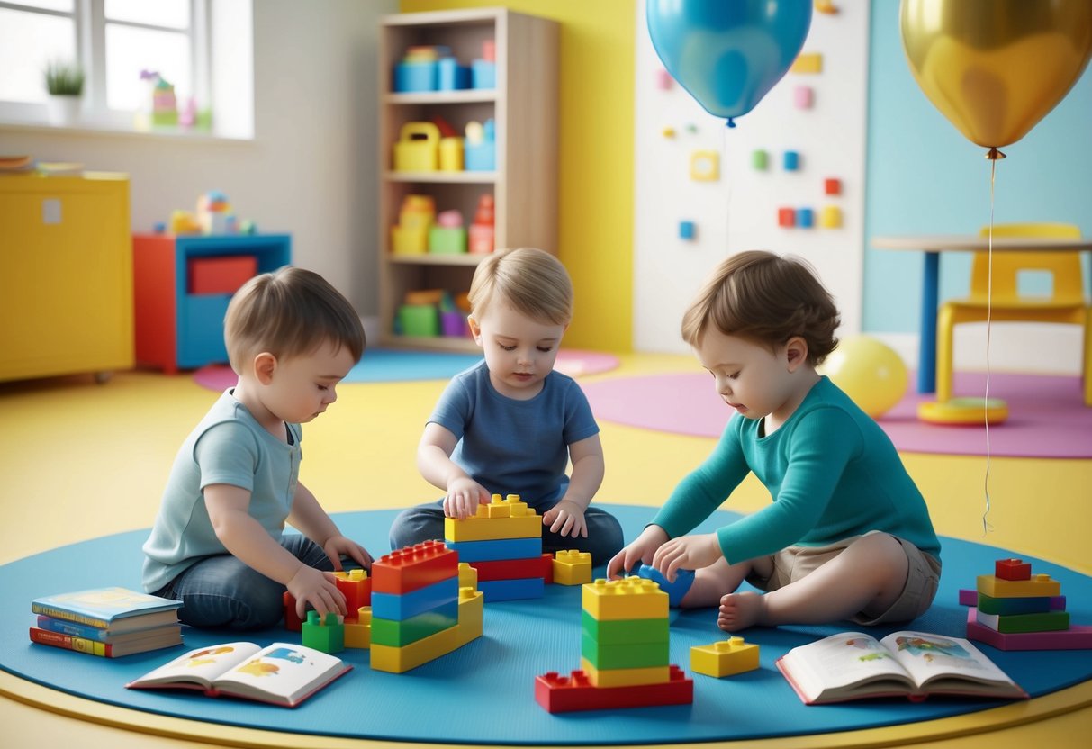 Toddlers playing with building blocks, books, and balloons in a bright and colorful playroom