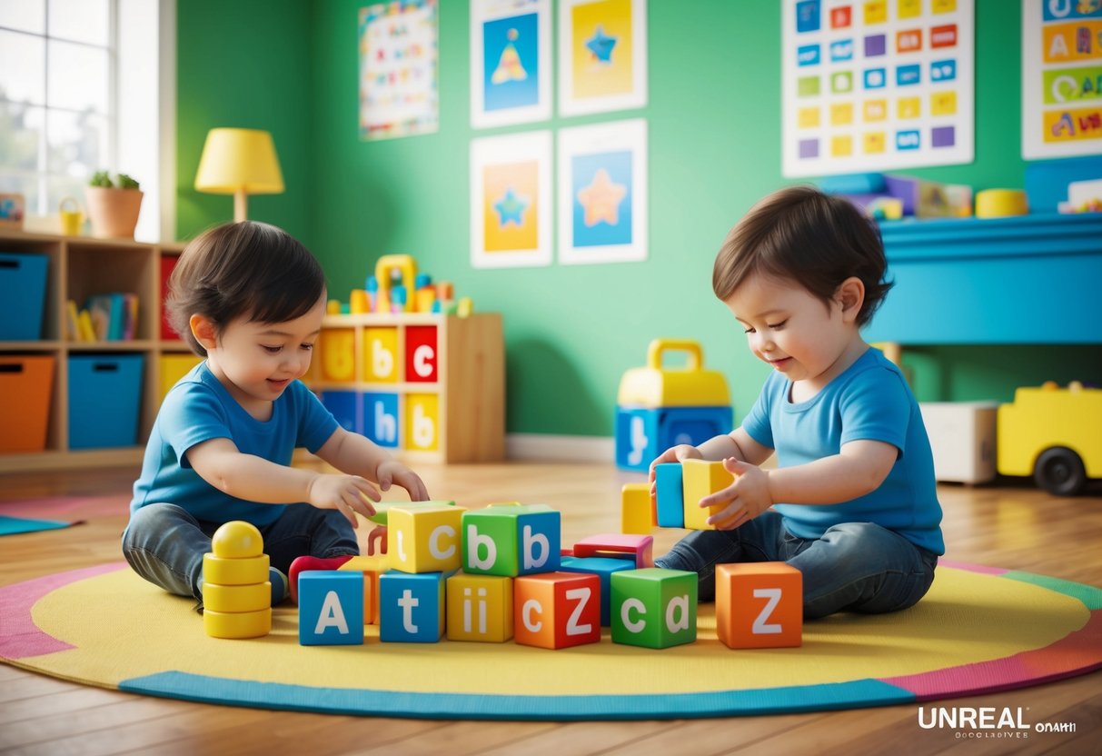 Toddlers playing with alphabet blocks and toys in a colorful, cheerful room with educational posters on the wall