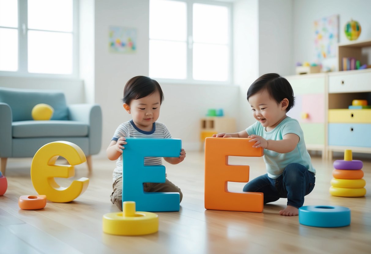 Toddlers playing with colorful letter E-shaped toys in a bright, spacious room with soft, child-friendly furniture