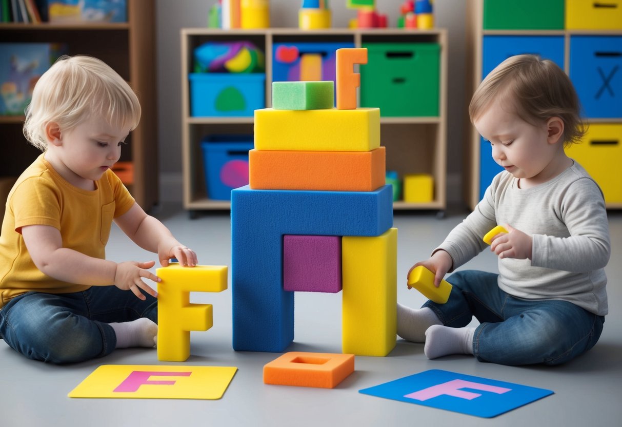 Toddlers playing with foam letters, stacking blocks in the shape of the letter "F", and finger painting with colorful letter "F" stencils