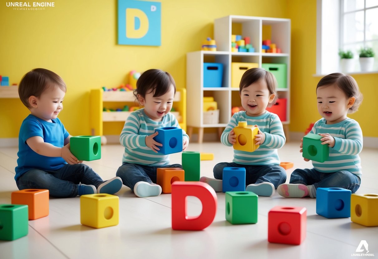 A group of toddlers playing with colorful blocks and toys shaped like the letter "D" in a bright and cheerful playroom