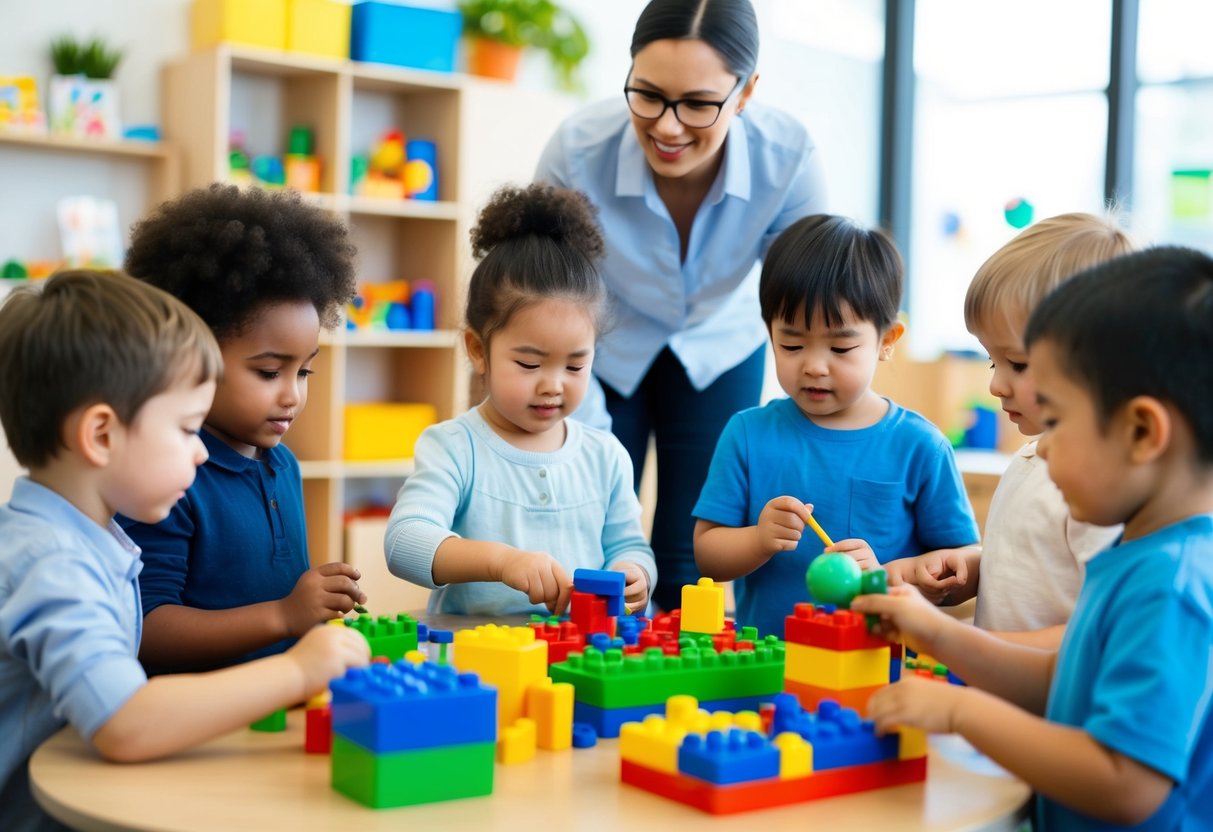 A group of children engaged in various creative play activities, such as building with blocks, painting, and playing with educational toys, while an adult observes and guides their interactions
