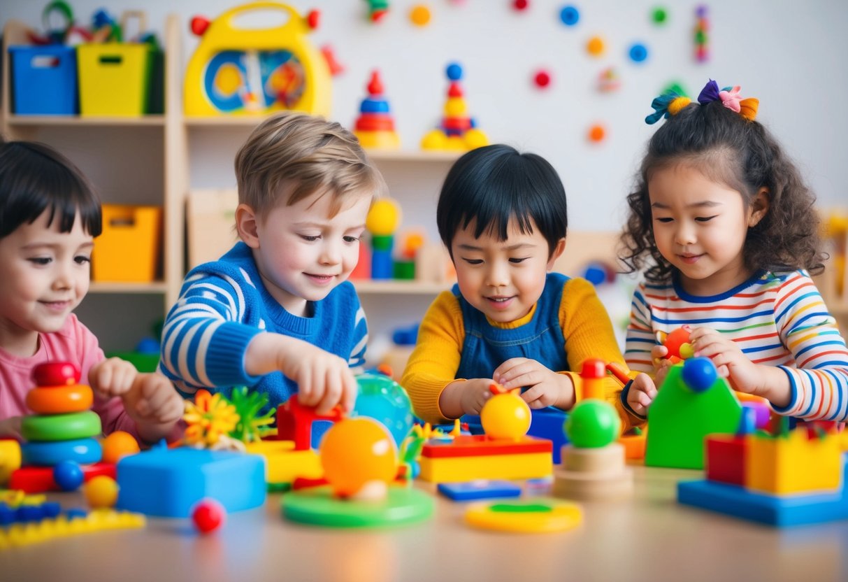Children engaged in imaginative play with various toys and props, surrounded by colorful and stimulating materials to encourage creativity and brain development