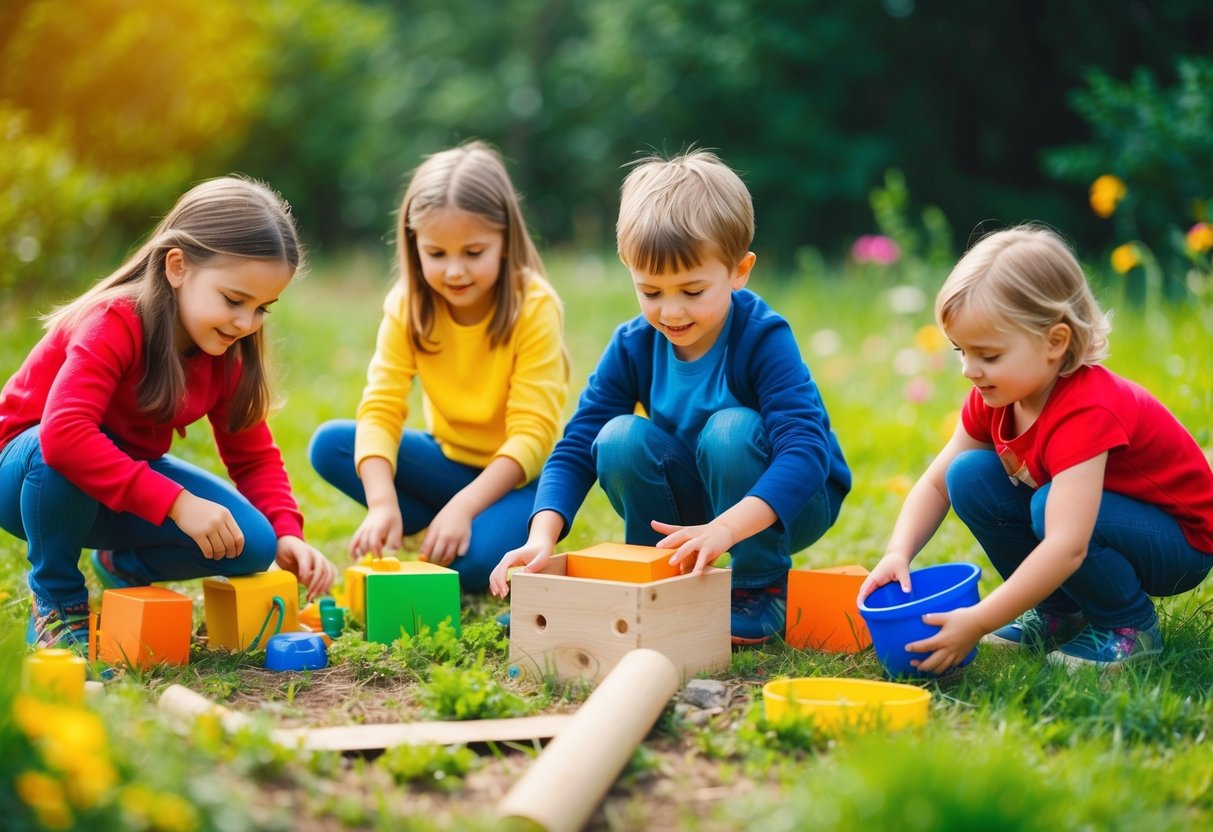 Children playing outdoors in a colorful, natural setting, engaging in imaginative and active play such as building forts, exploring nature, and using creative materials