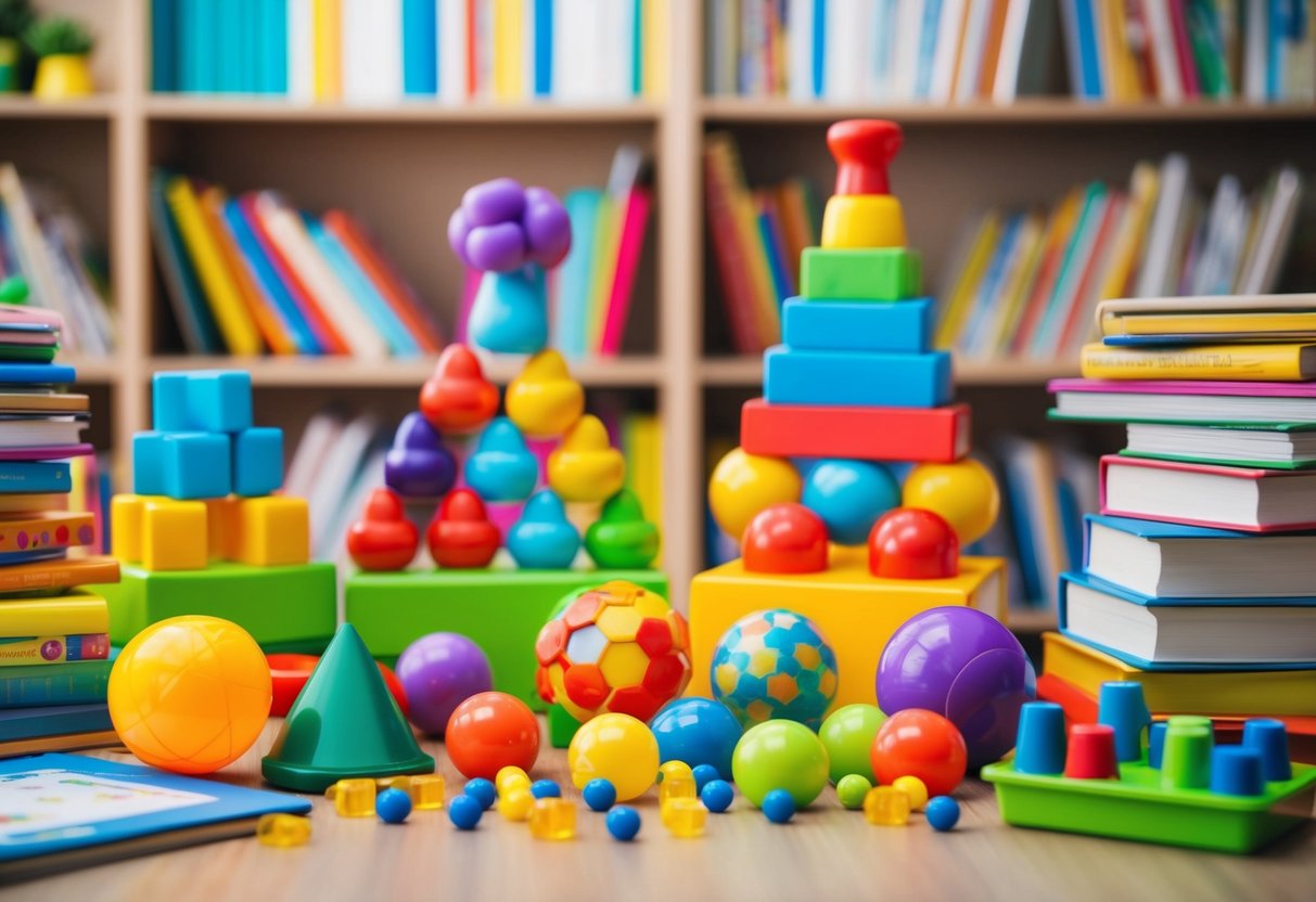 A colorful array of educational toys and games arranged in a playful and inviting manner, surrounded by books and educational materials