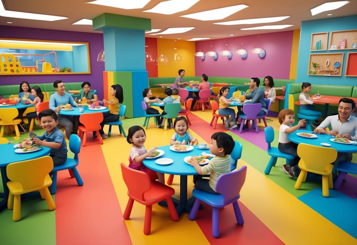 A colorful, bustling restaurant with high chairs and a play area for toddlers, surrounded by cheerful families enjoying their meals