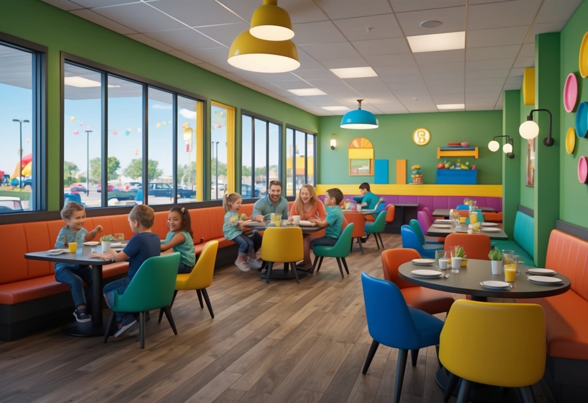 A family-friendly restaurant bustling with cheerful diners and colorful decor, with a play area for toddlers in Bismarck