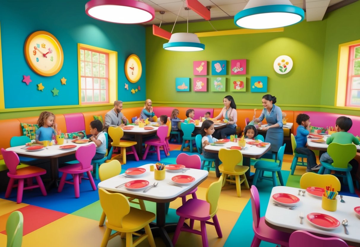 A colorful, bustling restaurant filled with families, highchairs, and playful decor. Brightly painted walls and whimsical table settings create a lively and inviting atmosphere for young children