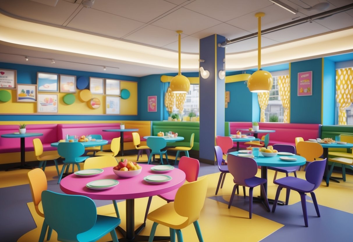 A colorful and lively cafe with high chairs and playful decor, serving up pancakes and fruit for a family-friendly brunch in Bismarck