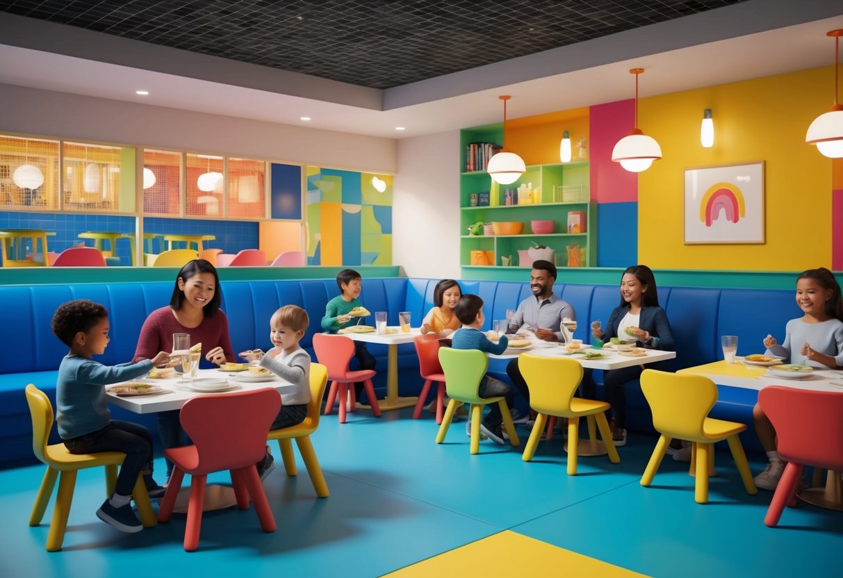 A lively restaurant with colorful décor and a play area for toddlers, families enjoying meals together