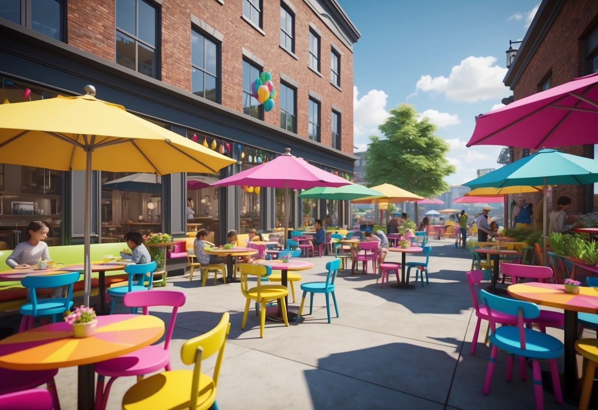 A bustling cafe with colorful outdoor seating and a playful, child-friendly atmosphere. Tables are adorned with bright umbrellas and cheerful decor