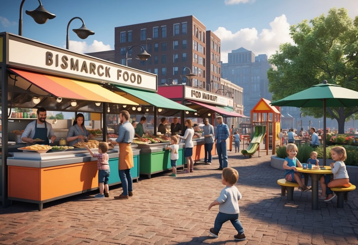 A bustling outdoor food market in Bismarck, with colorful food stalls and families enjoying a variety of cuisines. A playground nearby is filled with happy toddlers