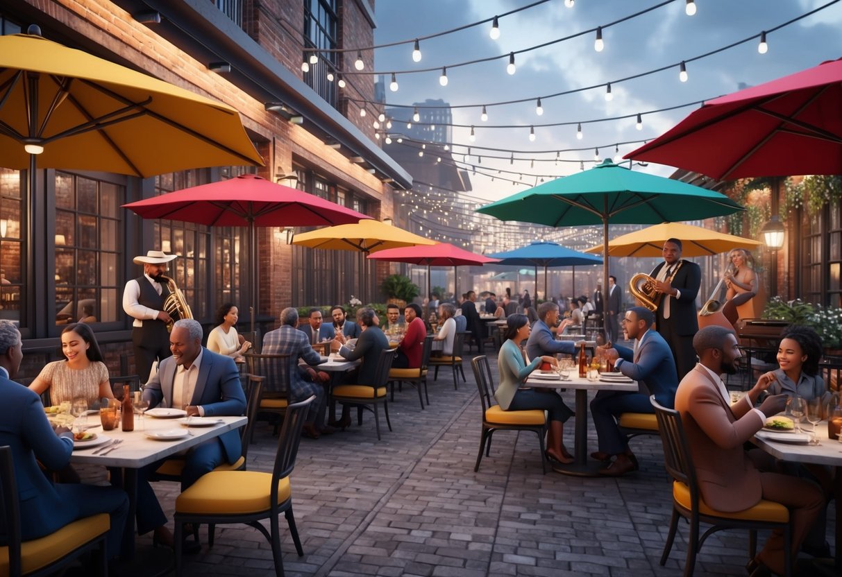 A bustling restaurant patio with twinkling string lights and colorful umbrellas, families enjoying dinner while a lively jazz band plays in the background