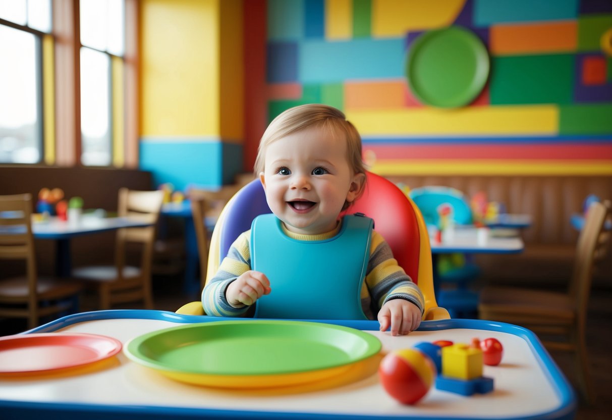 A cheerful toddler sits in a high chair at a colorful, family-friendly restaurant in Bismarck. Brightly colored plates and toys are scattered across the table
