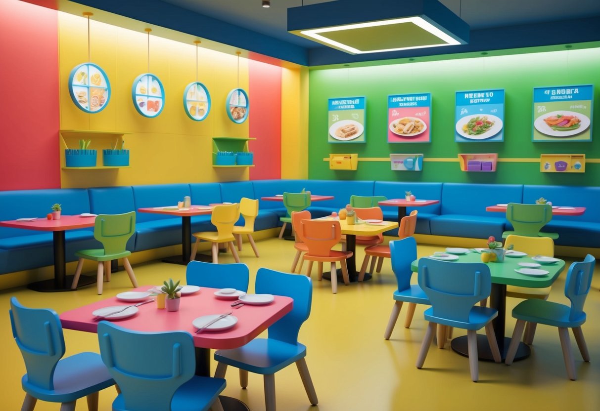 A colorful restaurant with a play area for toddlers, featuring a menu of kid-friendly meals and high chairs at each table