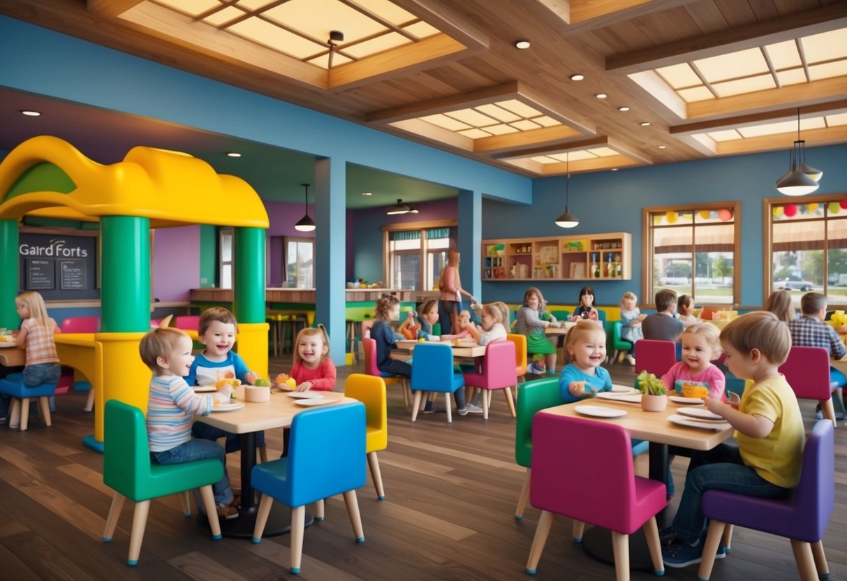 A colorful restaurant with a play area for toddlers, filled with happy families enjoying local cuisine in Grand Forks