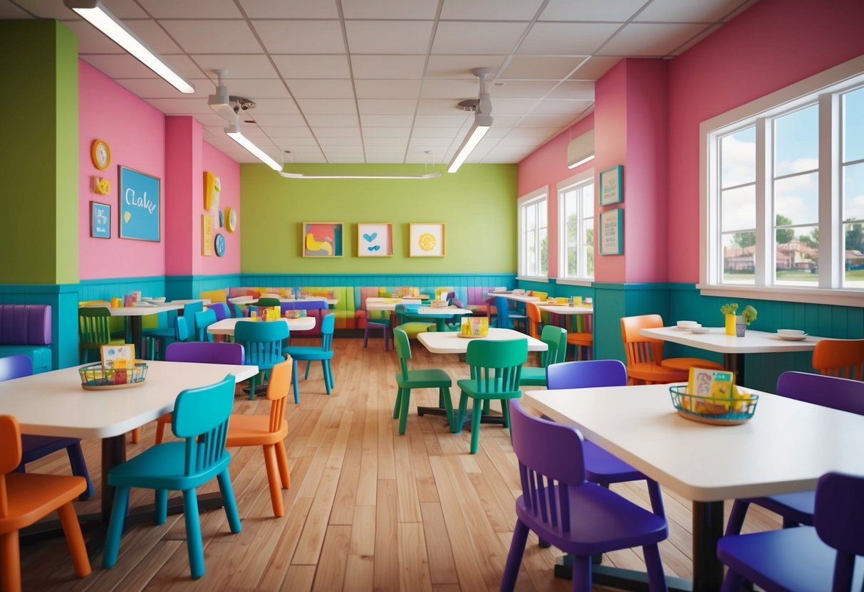 A colorful, bustling restaurant with high chairs and cheerful decor, serving up kid-friendly, healthy meals in Grand Forks