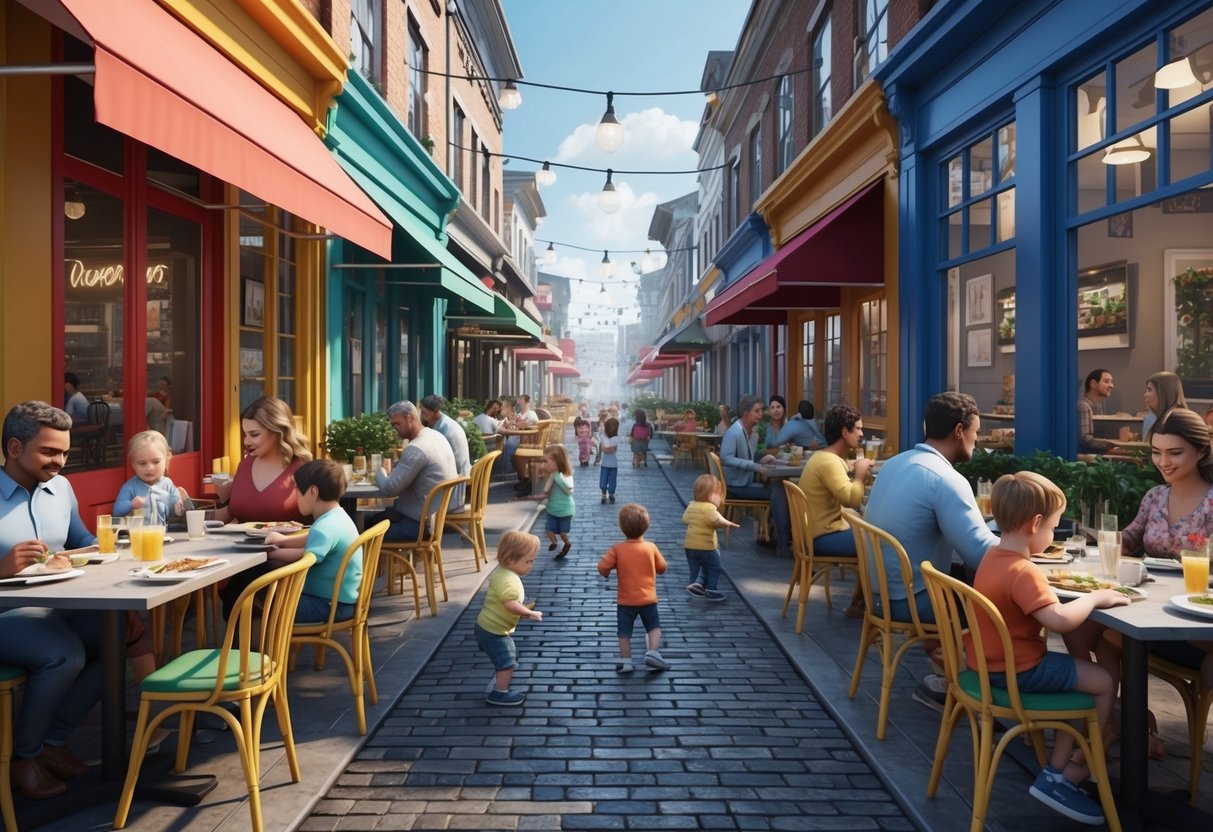 A bustling street lined with colorful restaurants and outdoor seating, filled with families and toddlers enjoying a variety of cuisines