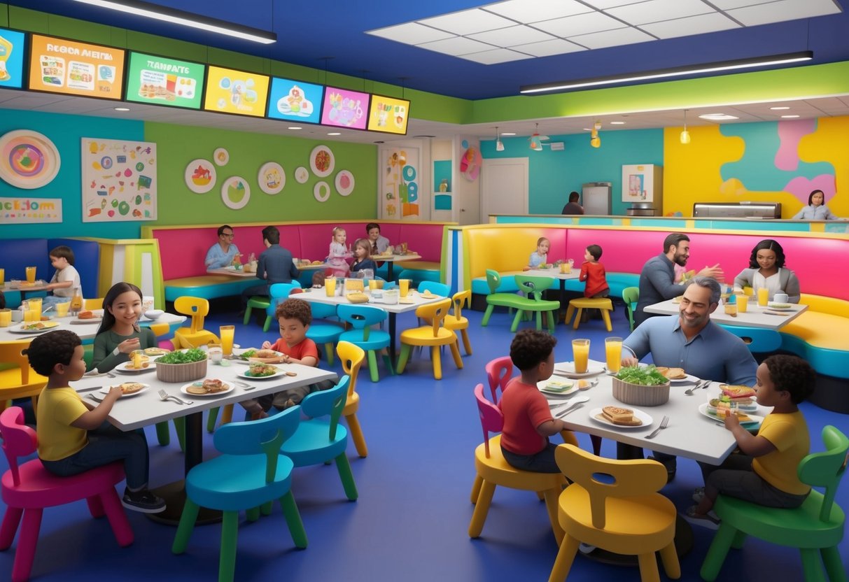 A colorful restaurant with playful decor and child-friendly menu items. Tables filled with families enjoying their meals while toddlers play in a designated area