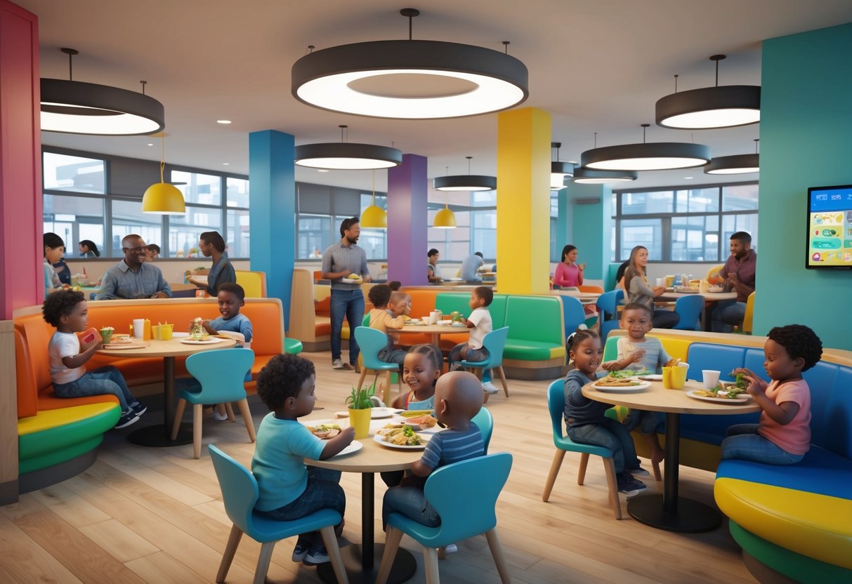 A bustling casual eatery with colorful play areas for toddlers, filled with families enjoying meals and children playing joyfully