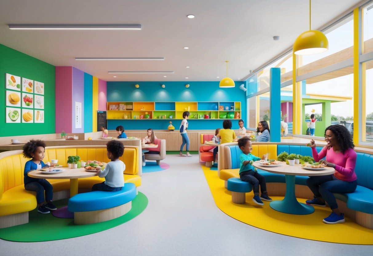 A colorful restaurant with healthy menu options and a play area for toddlers. Vibrant decor and happy families enjoying their meals
