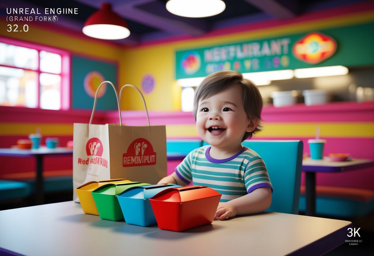 A cheerful toddler sits at a table with colorful takeout containers and a delivery bag. The background shows a vibrant and fun restaurant in Grand Forks