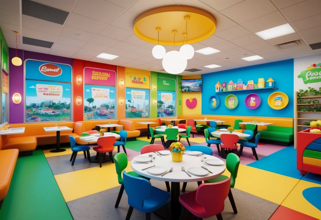 A cheerful restaurant with colorful decorations and a playful atmosphere, featuring a themed menu and seasonal events, with a designated play area for toddlers