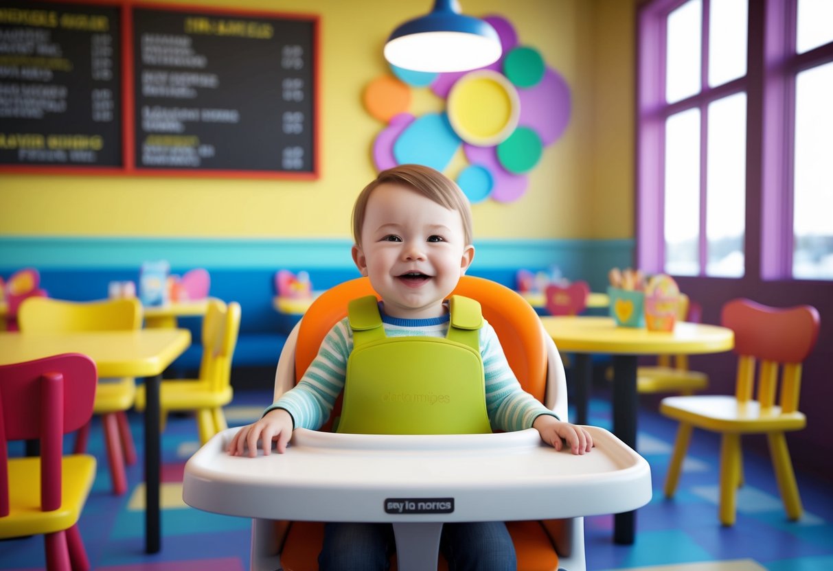 A cheerful toddler sitting in a high chair at a colorful, family-friendly restaurant in Grand Forks, surrounded by playful decor and a menu full of kid-friendly options