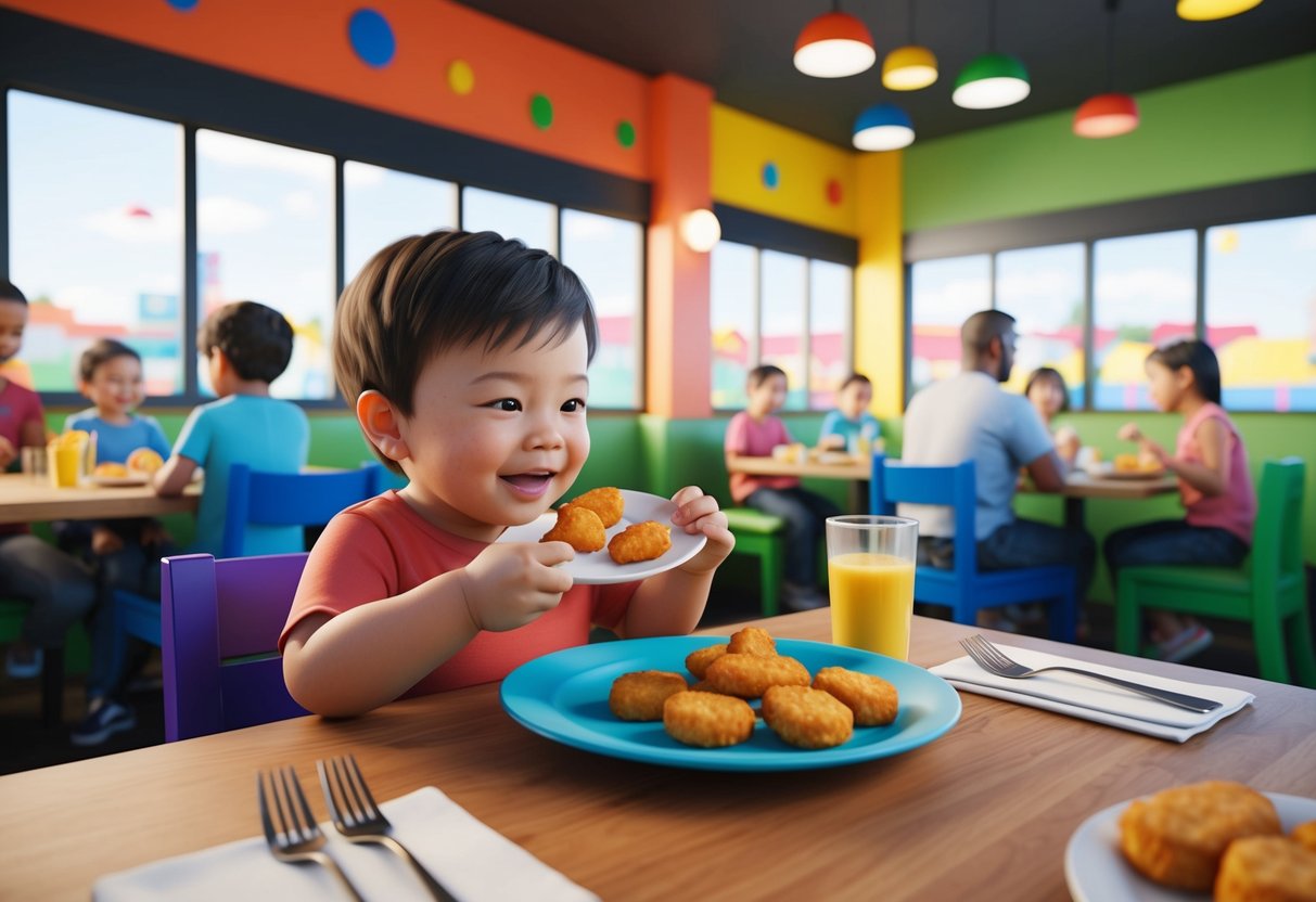 A bustling restaurant with colorful decor and kid-friendly menu, where a toddler happily munches on a plate of chicken nuggets while surrounded by other families enjoying their meals
