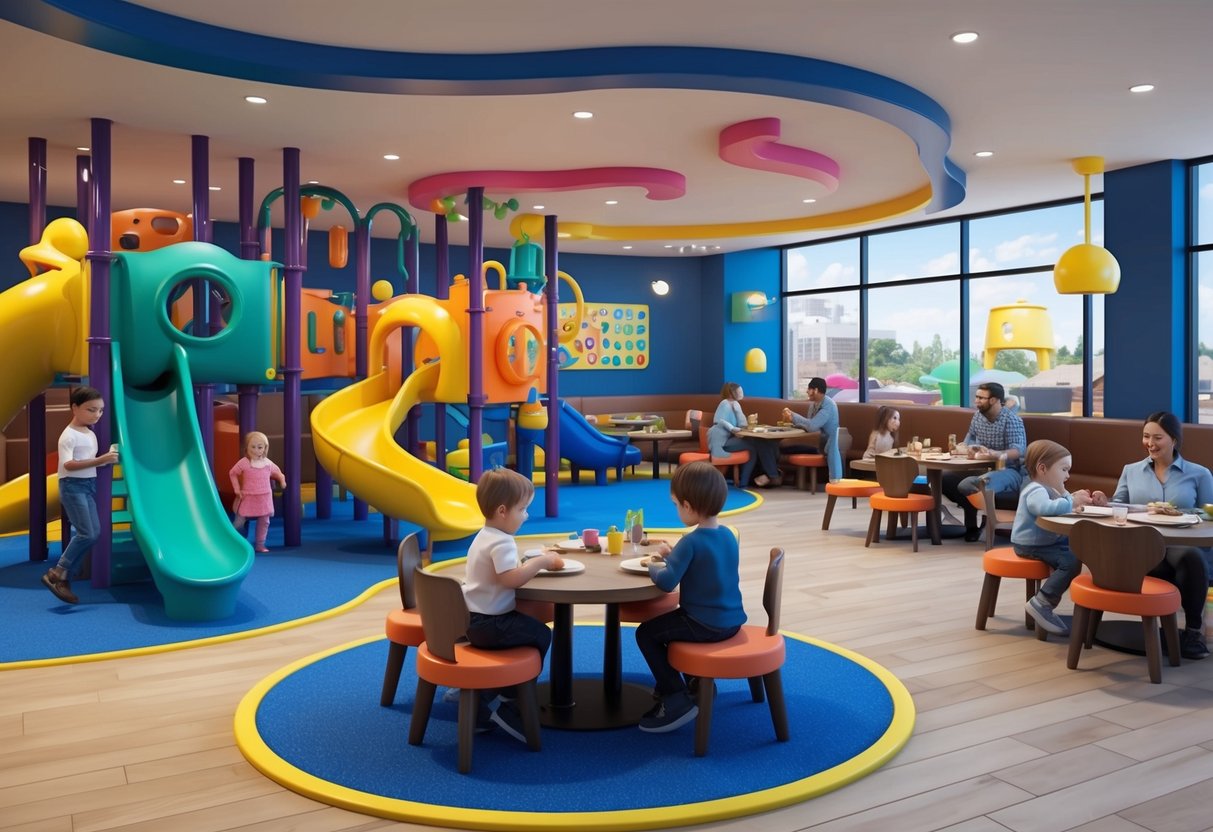 A restaurant with a colorful play area filled with slides, climbing structures, and interactive toys. Families enjoy their meals while toddlers play nearby