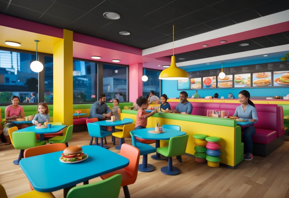 A colorful, bustling restaurant with a play area for toddlers and families enjoying casual dining and fast food