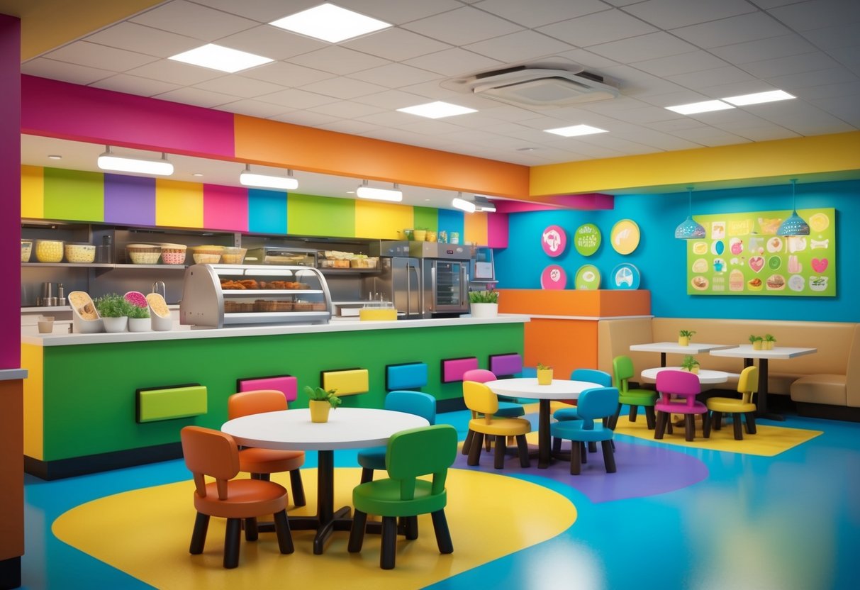 A colorful restaurant with a cheerful atmosphere, featuring a variety of healthy and special diet options. A playful area for toddlers to explore and enjoy their meal