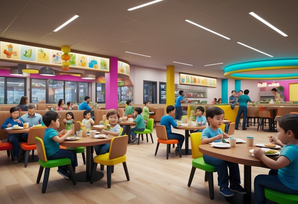 A bustling restaurant with colorful decor and a play area for toddlers, surrounded by happy families enjoying their meals