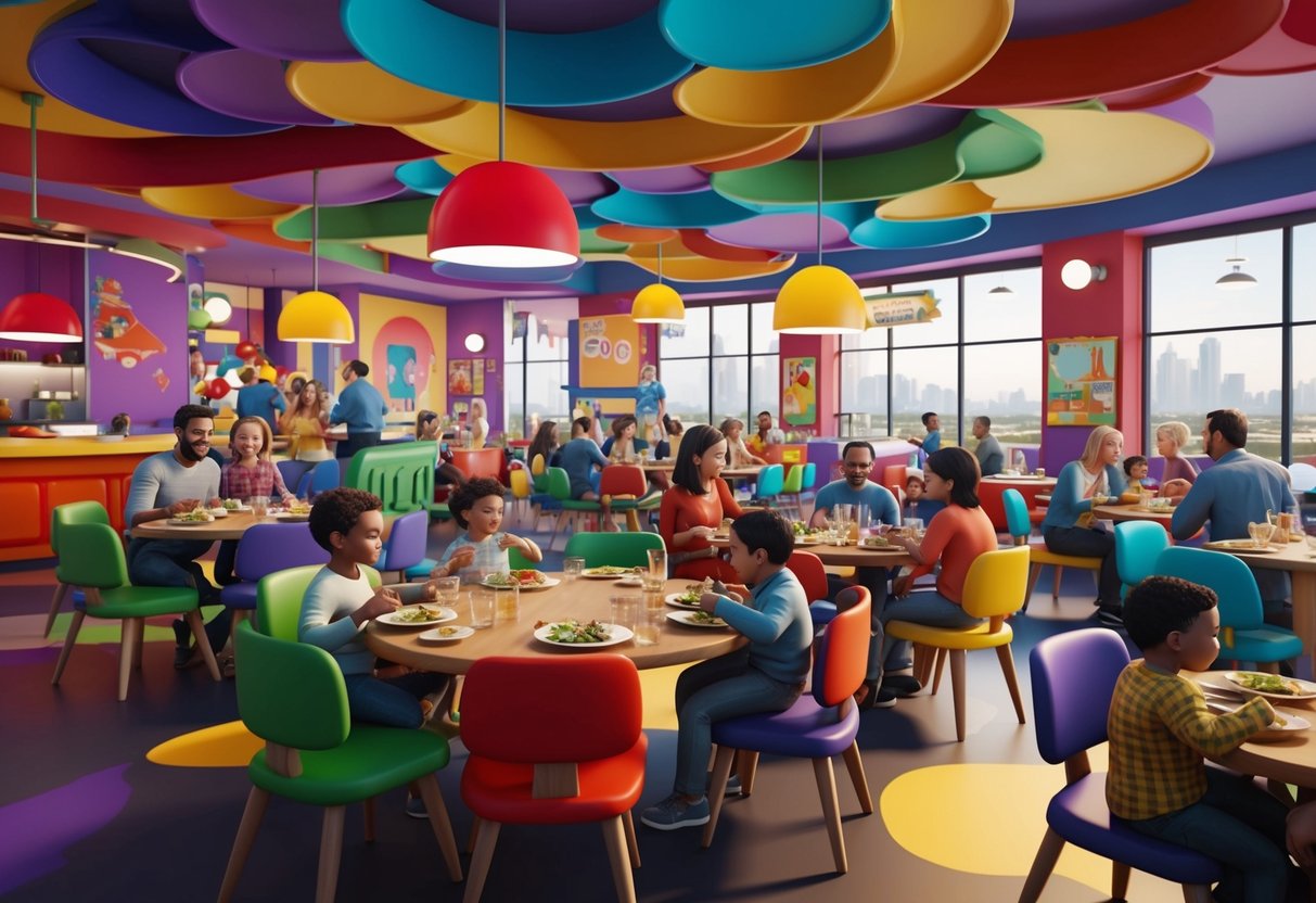 A colorful, bustling restaurant with high chairs and a play area, filled with families enjoying meals together