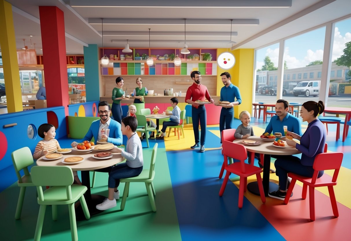 A colorful, bustling cafe with high chairs and play areas. Cheerful staff serve families enjoying pancakes and fruit