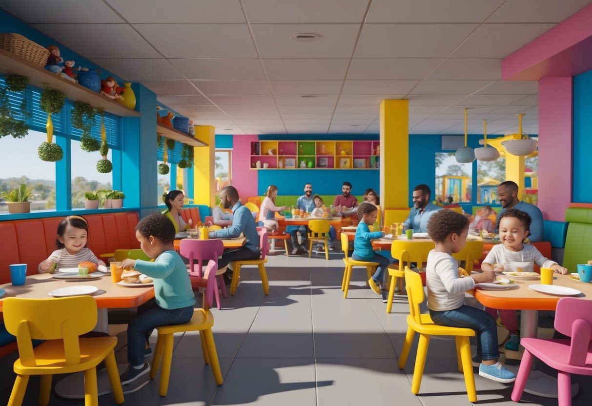 A bustling restaurant with colorful decor, highchairs, and a play area for toddlers, surrounded by happy families enjoying their meals