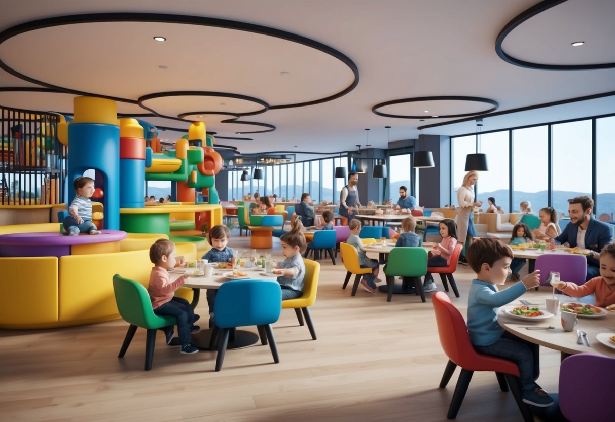 A bustling restaurant with colorful play areas for toddlers, filled with happy children and families enjoying their meals