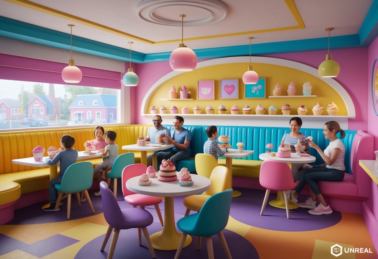 A colorful and inviting dessert cafe with playful decor and a variety of sweet treats. Families enjoy their time together in a cozy and cheerful atmosphere