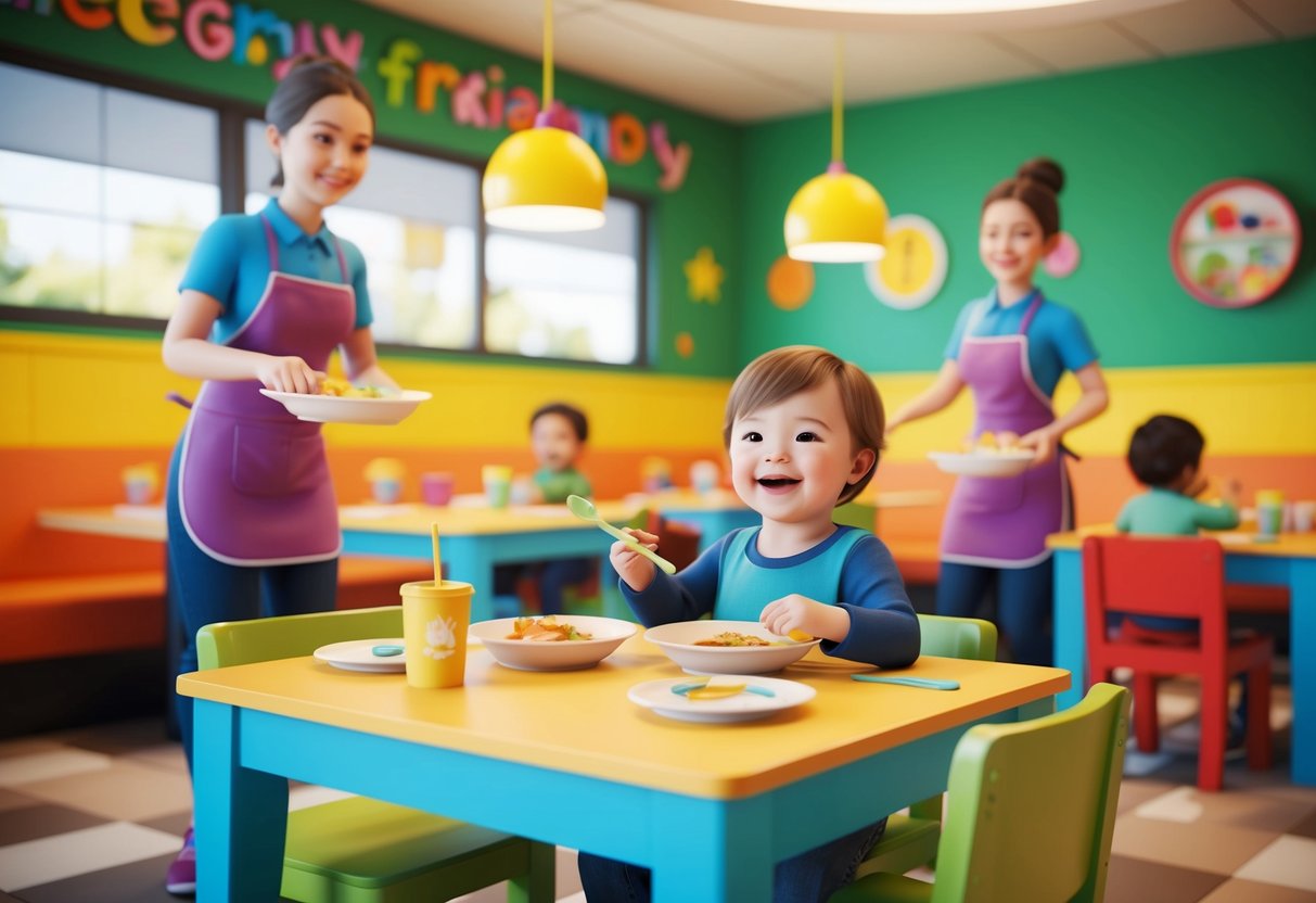 A cheerful, colorful restaurant with friendly staff serving allergy-friendly meals. A toddler happily eats at a table while surrounded by fun decor and child-friendly amenities