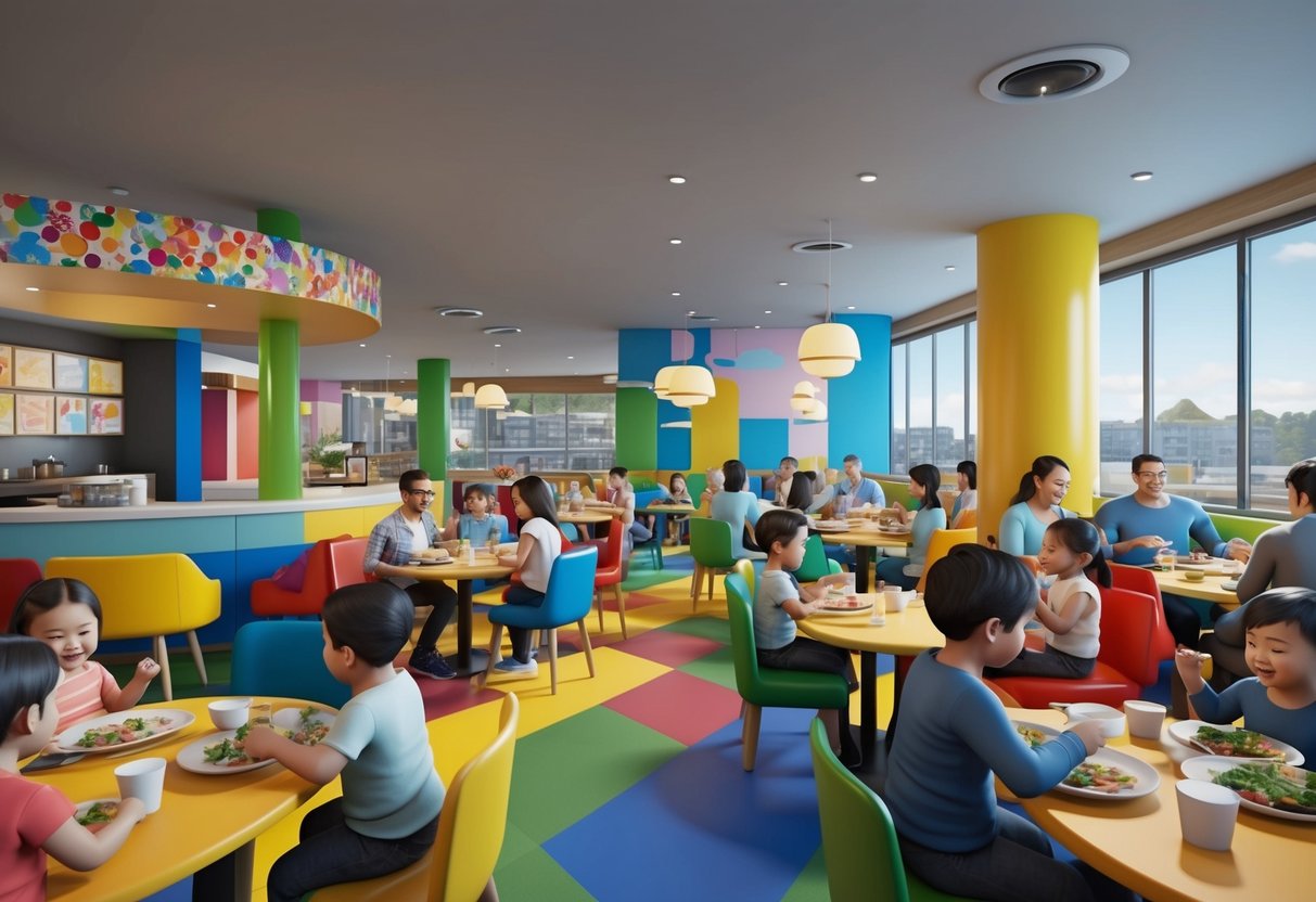 A busy restaurant with colorful decor and a play area for toddlers, surrounded by happy families enjoying their meals