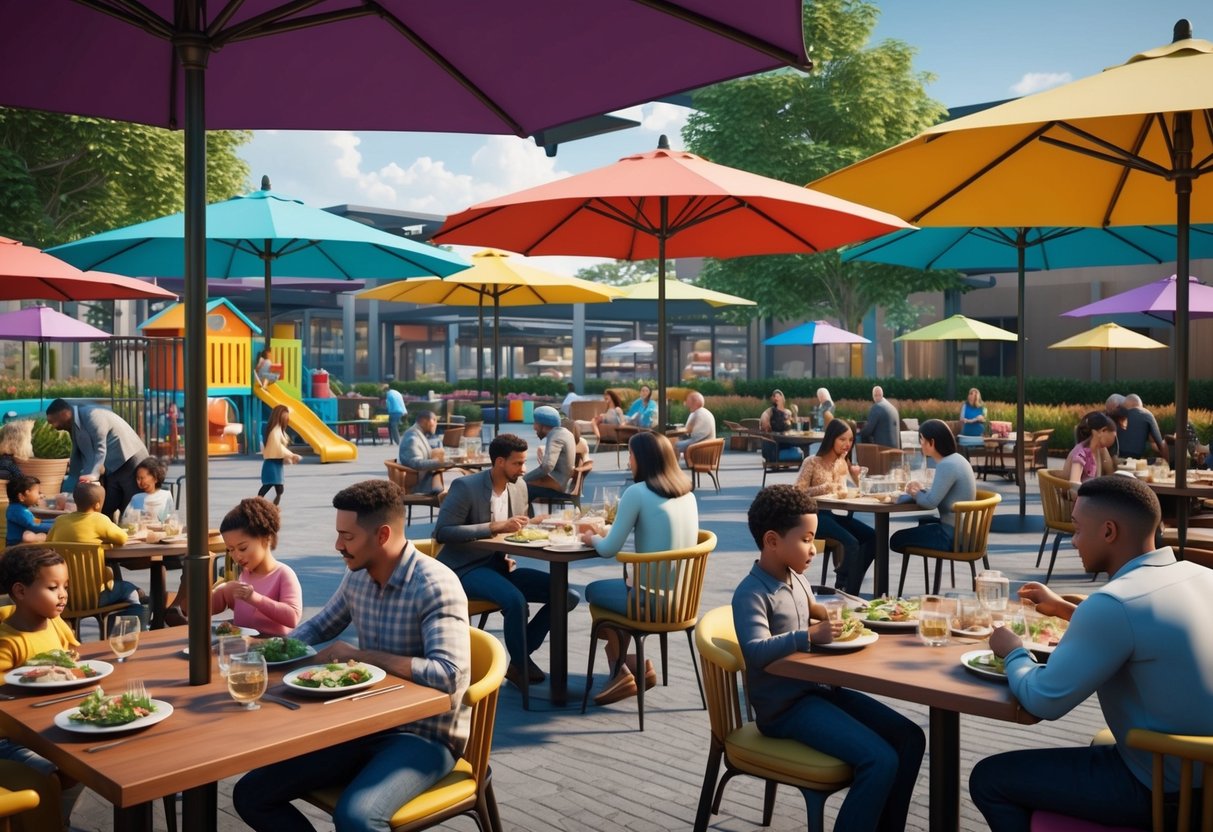 A bustling outdoor dining area with colorful umbrellas, families enjoying meals, and a play area for toddlers in the background