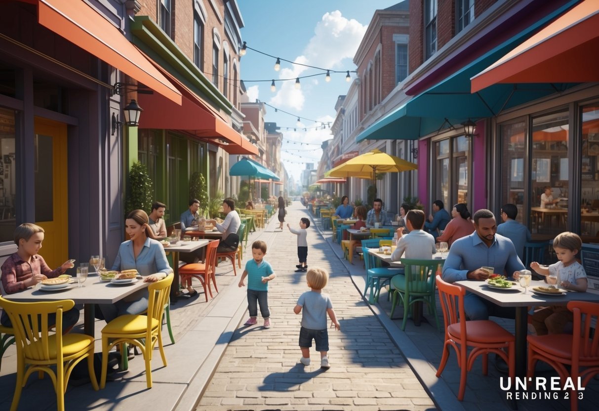A bustling street lined with colorful restaurants and outdoor seating, with families enjoying meals and toddlers playing in the sunshine