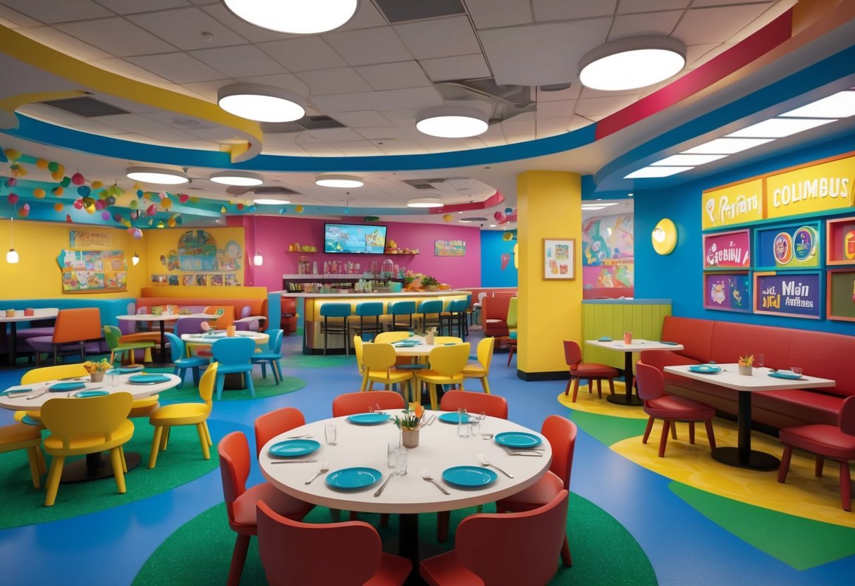 A bustling family-friendly restaurant in Columbus, filled with colorful decor and playful ambiance, with a dedicated play area for toddlers and a diverse menu of kid-friendly meals
