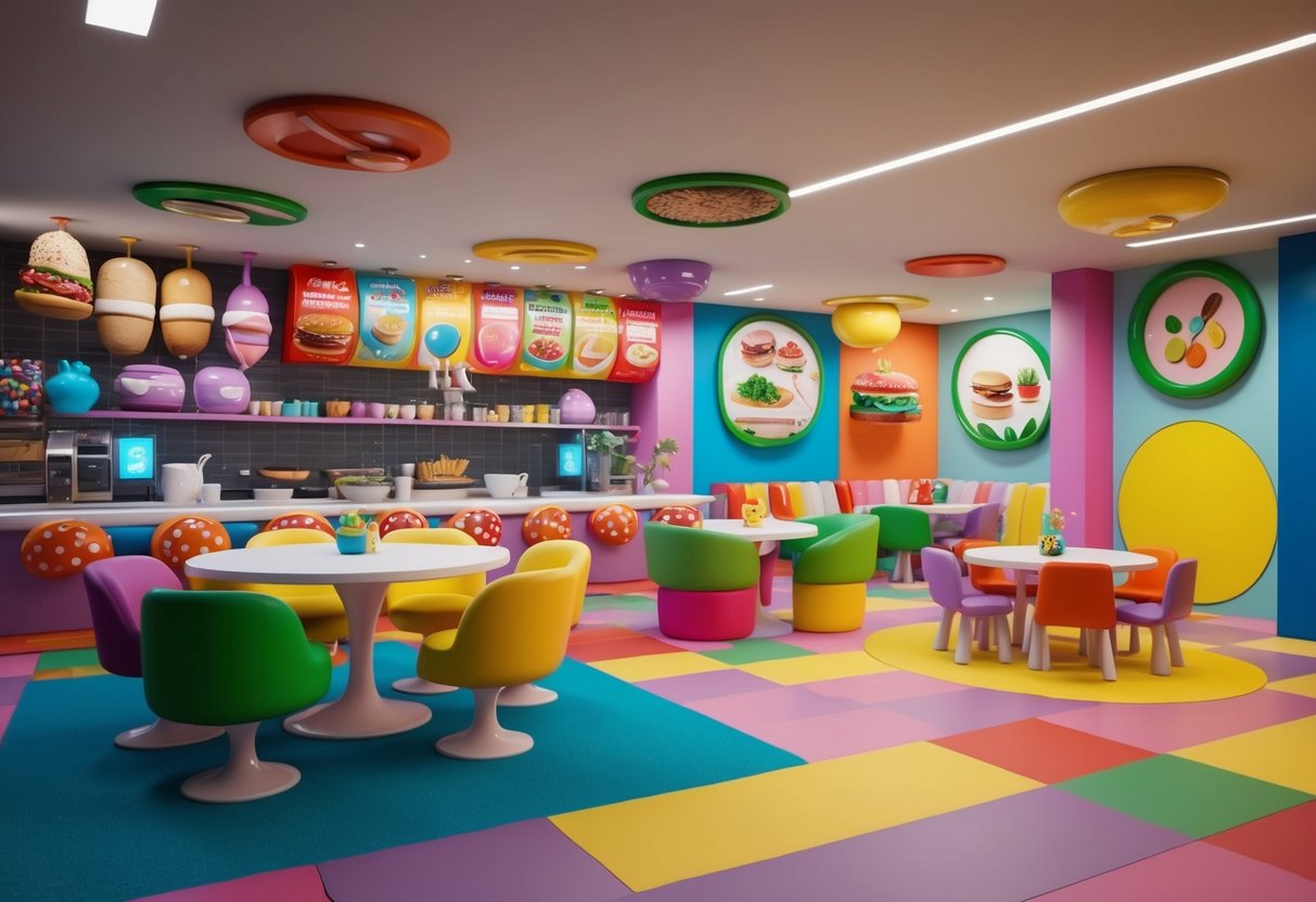 A colorful and whimsical restaurant with oversized food-themed decor, playful menu items, and a designated play area for toddlers