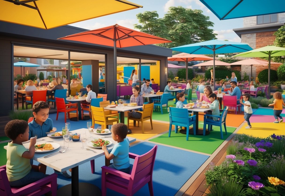 A bustling outdoor dining area with colorful patios and lively play areas, filled with families enjoying meals while their toddlers play nearby