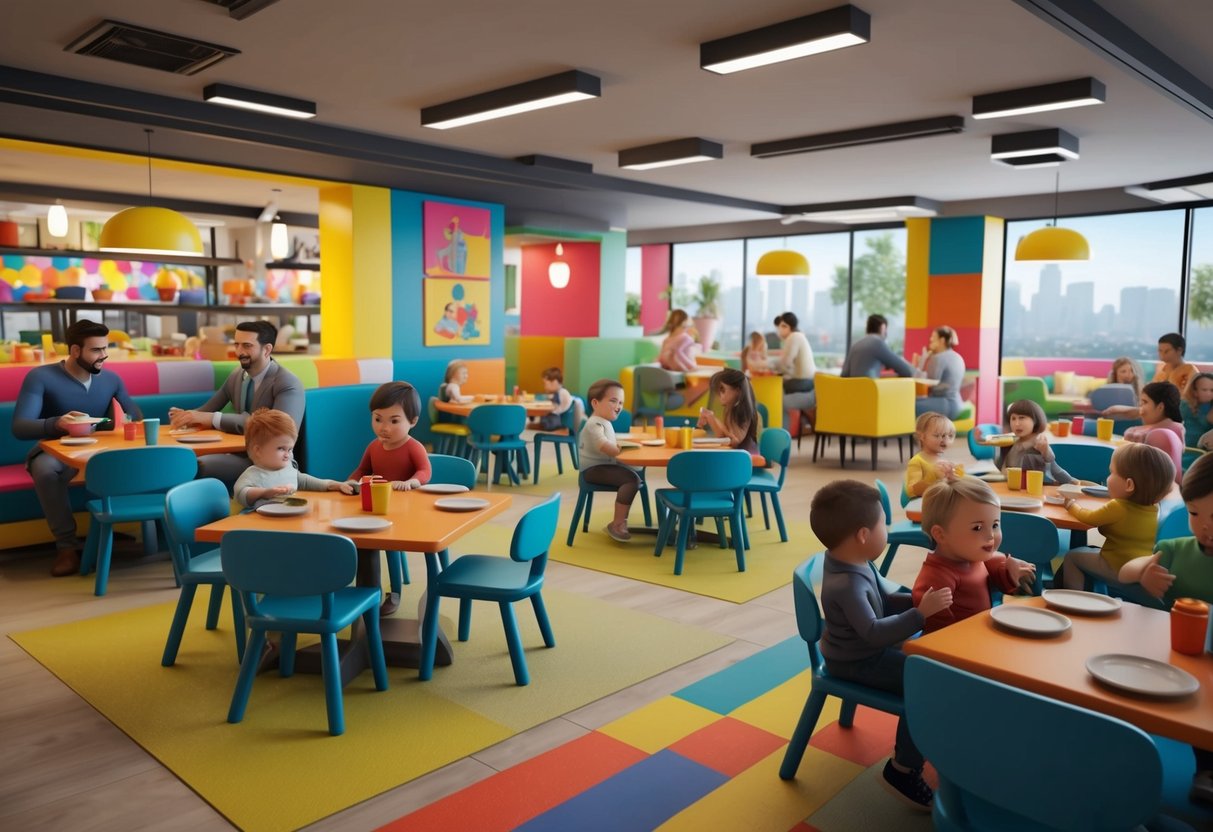 A bustling restaurant with colorful decor, highchairs, and a play area for toddlers, filled with families enjoying a lively dining experience