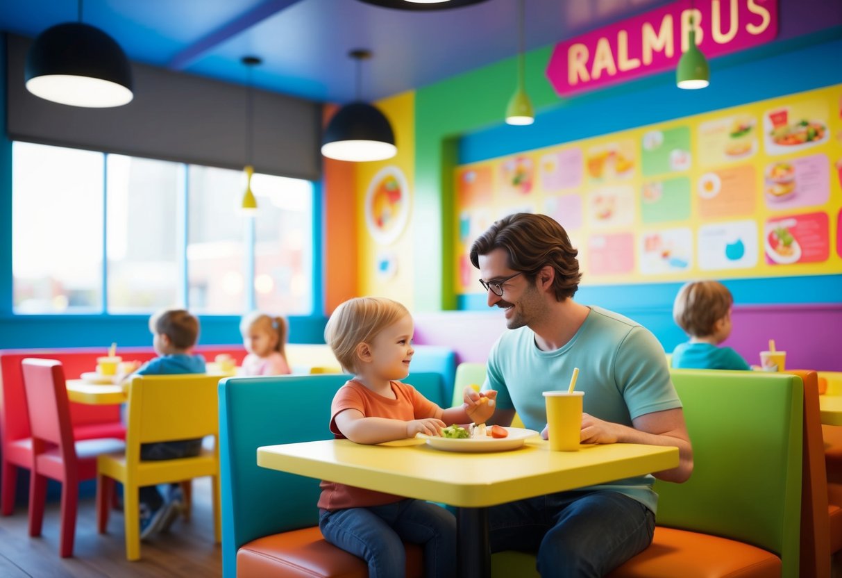 A toddler and parent sit at a colorful, child-friendly restaurant in Columbus. The lively atmosphere and menu options cater to young children, creating an enjoyable dining experience for the family