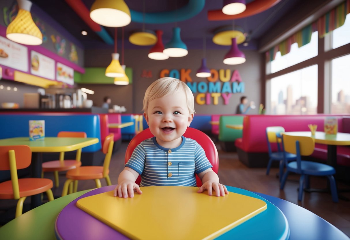 A cheerful toddler sits at a colorful table in a bustling Oklahoma City restaurant, surrounded by playful decor and a menu of kid-friendly options